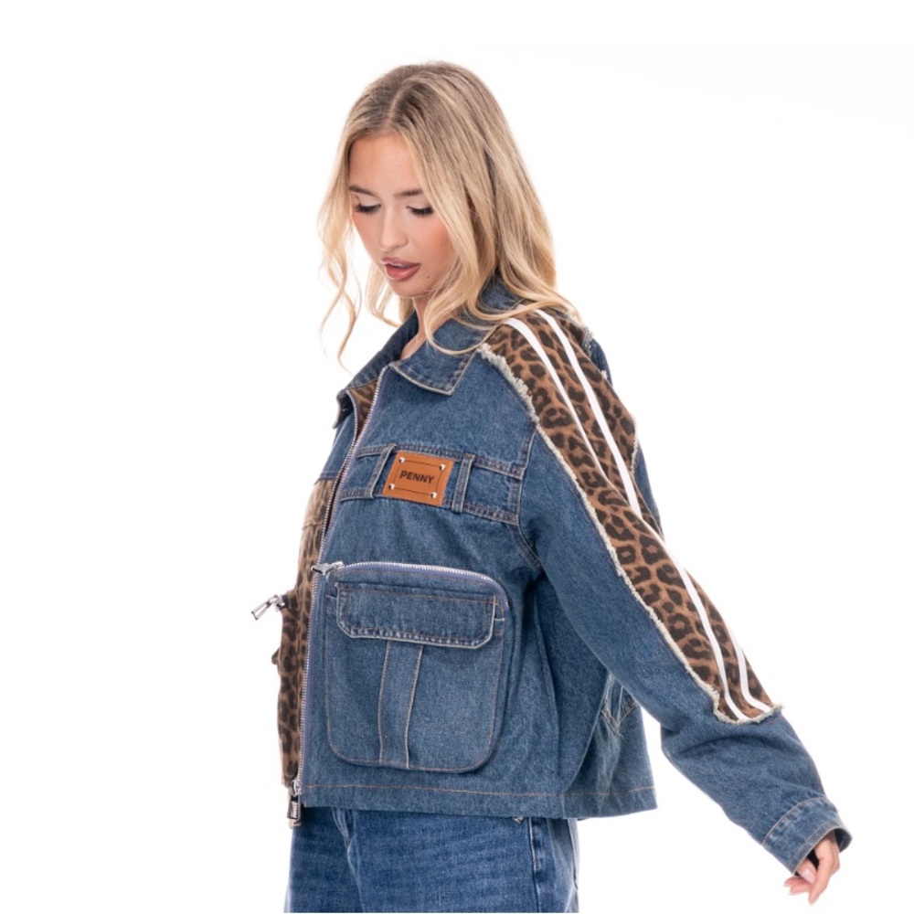 NWT Stylish Denim and Leopard Print Jean Jacket
